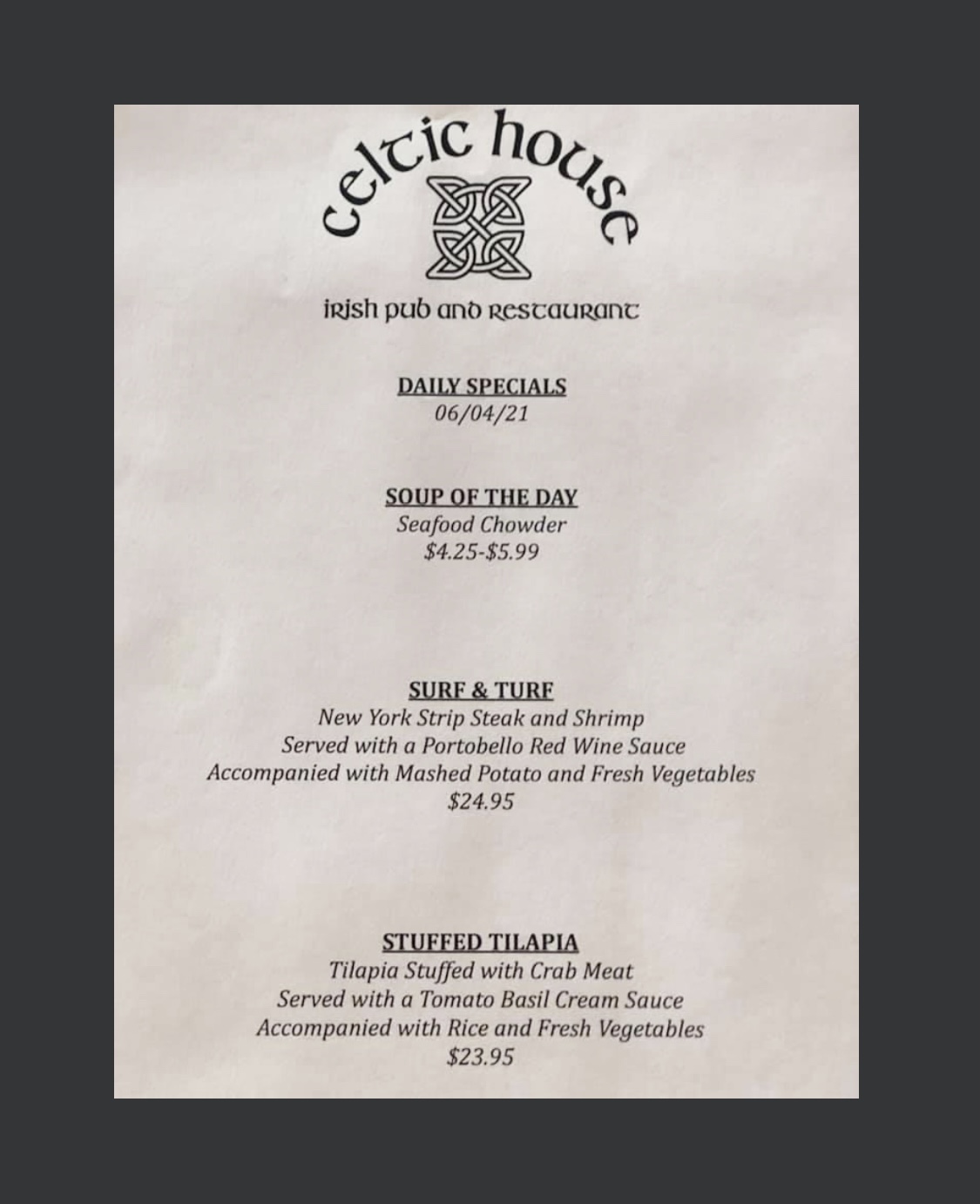 The Celtic House Friday Night Dinner specials