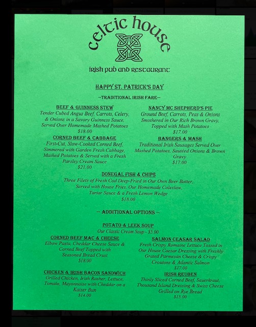 The Celtic House St Patrick's Day Menu 2022