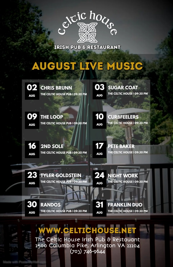 Celtic House VA Pub August Music Itinerary